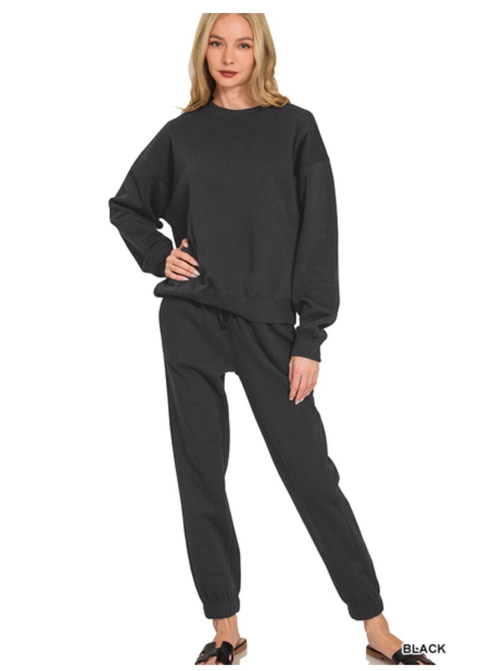 Black ZENANA FLEECE LONG SLEEVE
PULLOVER & JOGGER SET